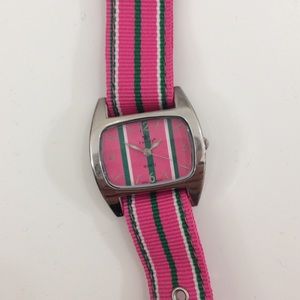 Cannes Quartz Watch with striped band Pink Green